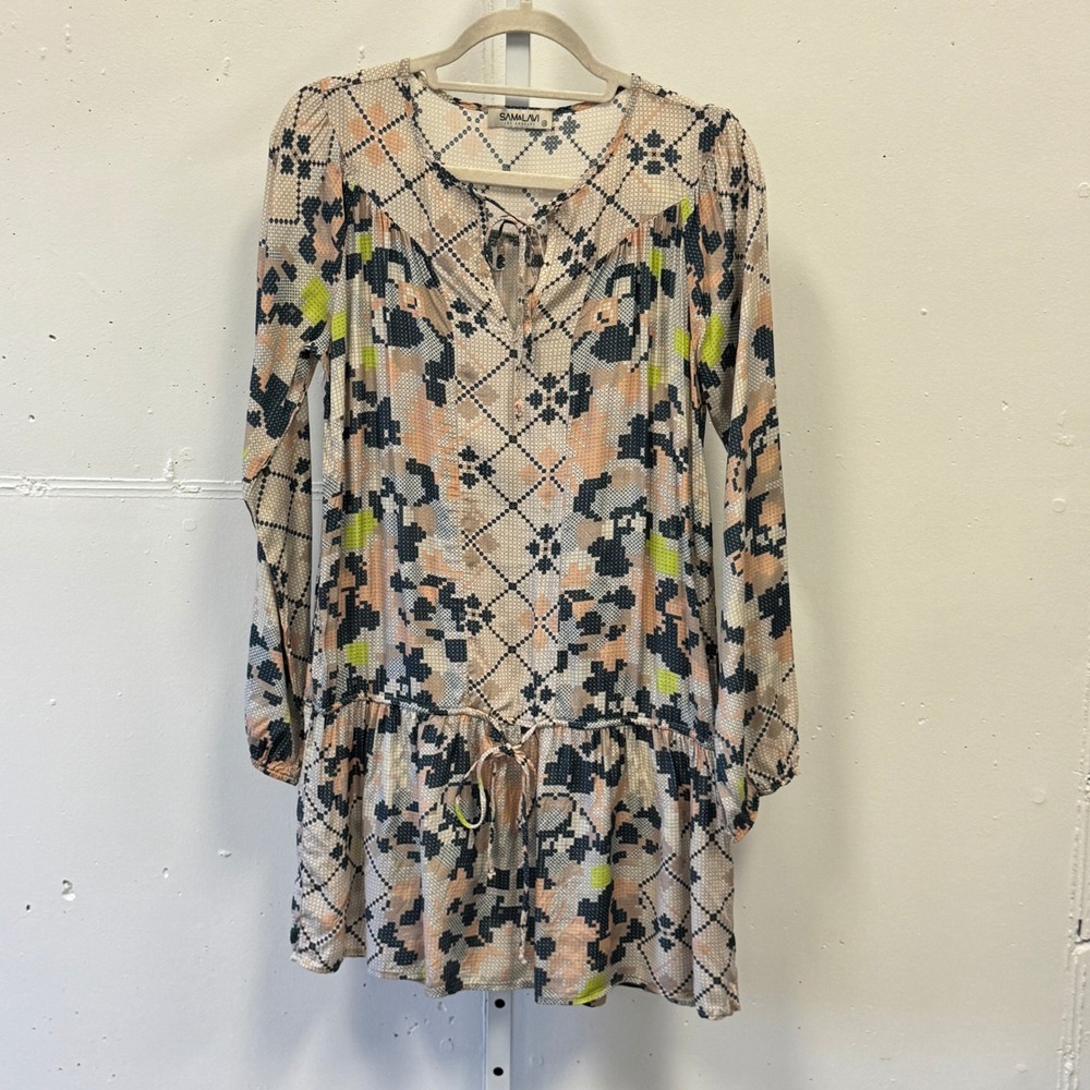 Sam & Lavi Los Angeles Geometric Pixel Print Mini Dress Long Sleeve XS Boho
